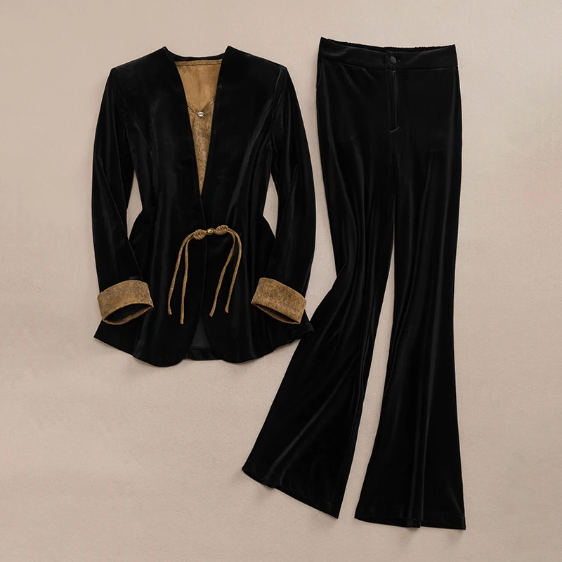 

Весна 2024, женский бархатный костюм-футболка, облегающий костюм или длинные брюки Jaet, элитный модный костюм на пуговицах с V-Ne Lo...