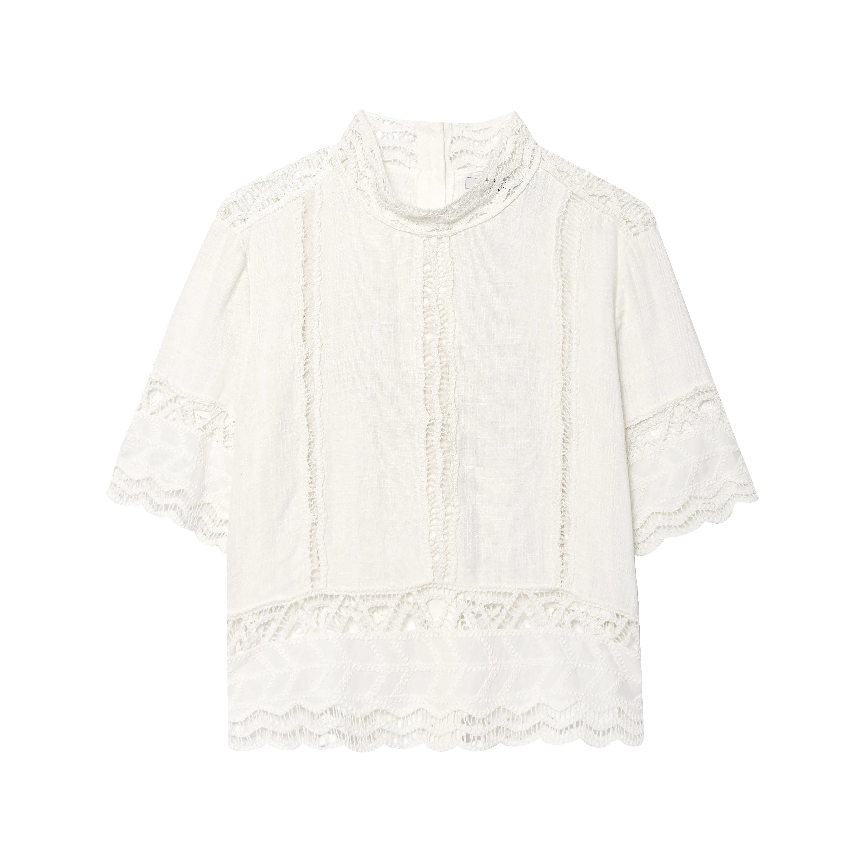 

2025 summer new products women's clothing fashionable simple cotton linen natural high-end crochet details shirt T-shirt