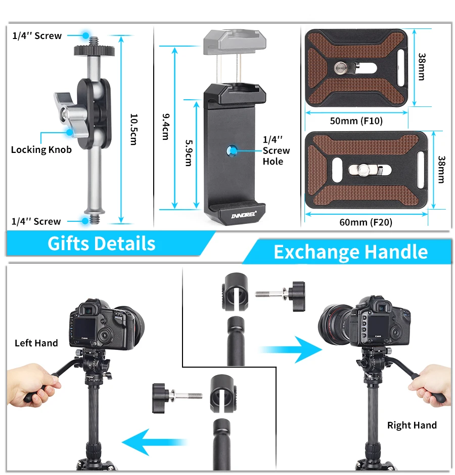 INNOREL F10/F20 Mini Stativ Flüssigkeit Kopf Neigung Kopf, Metall Kamera Video Stativ Kopf mit Arca Swiss Q.R.Platten für Video DSLR Kamera – Detail 4