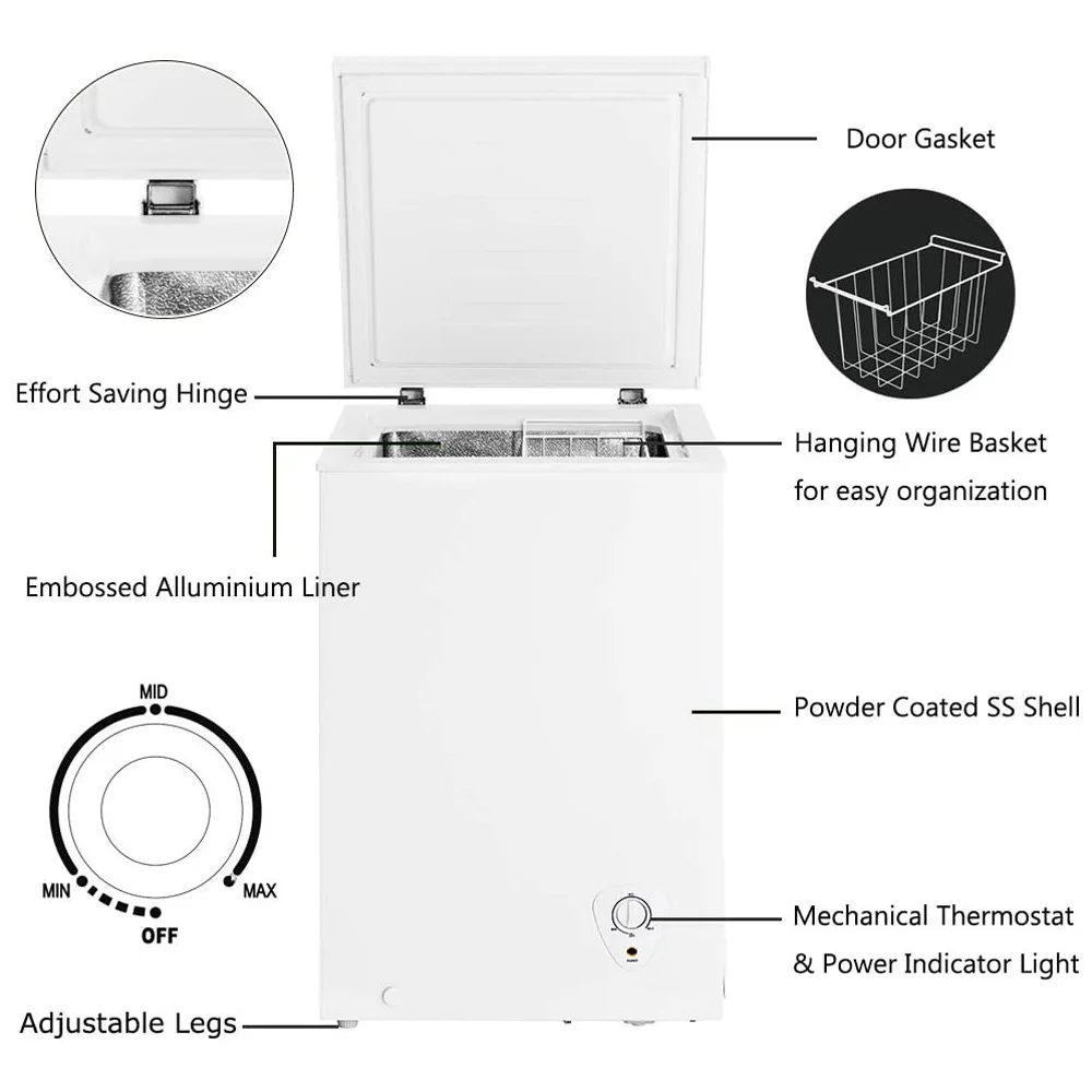 Congelador de peito Smad com tampa flip-up, cesta removível, profunda e compacta, apto para apartamentos, cozinha, 5 pés