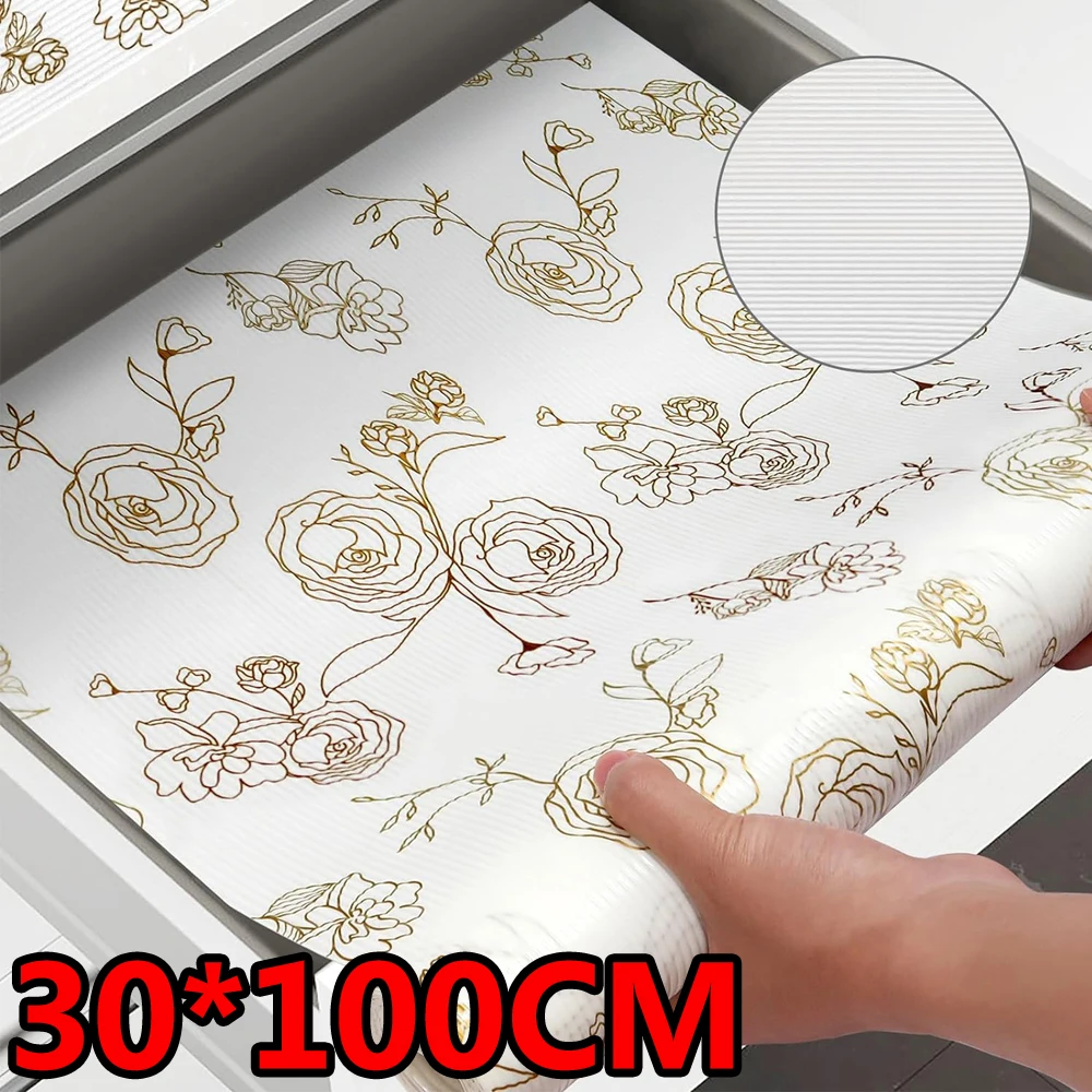 30*100CM Rose Pattern Drawer Liners Reusable Non-slip Placemats Kitchen Cabinet Mats Refrigerator Non-slip Liners Shelf Paper