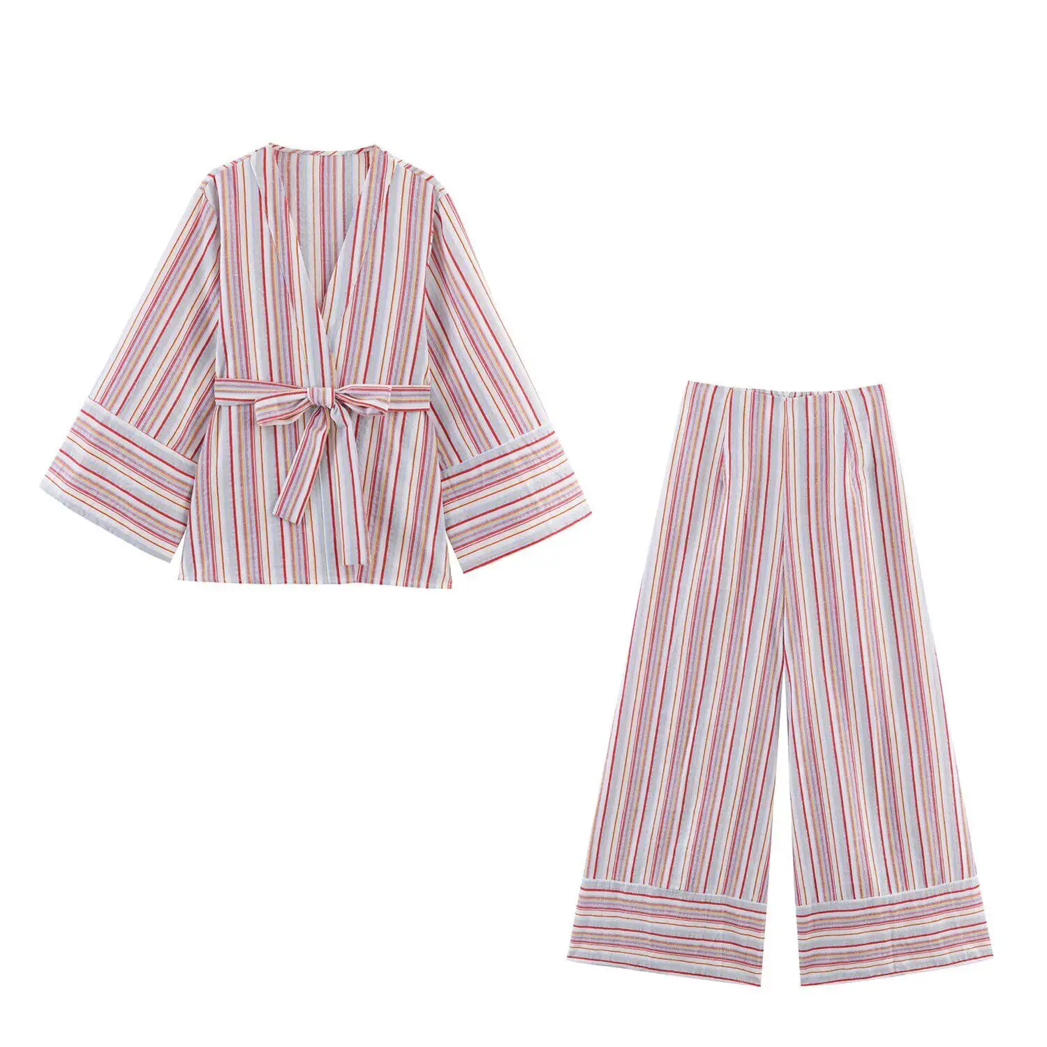 SuperAen European Style Women's New Fashion 2026 Spring New Casual Long-sleeved Lace-up Striped Tops Long Wide-leg Pants Sets