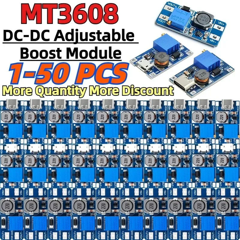 

1-50pcs DC-DC MT3608 Adjustable Boost Module 2A Boost Plate Step Up Module With Micro Type C USB 2V - 24V To 5V/9V/12V/28V