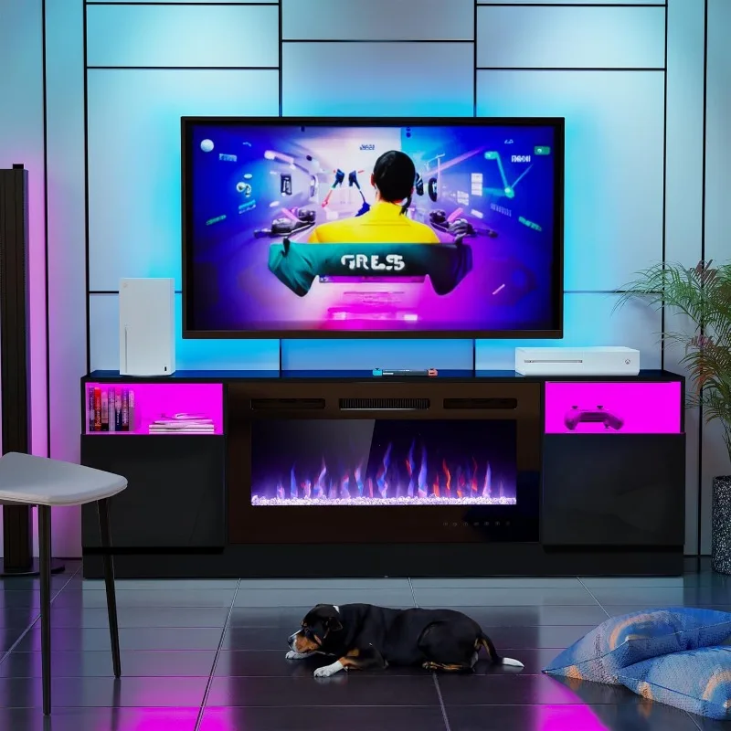 

70" Fireplace TV Stand for TVs Up to 80" with 36" Electric Fireplace, TV Console for The Living Room, LED Light Entertainment