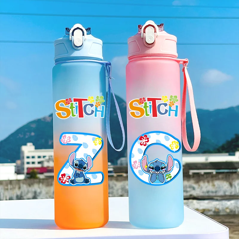 750ML Stitch & Angel Alphabet Student Anime Gradual Change Straw Water Cup Adult Fitness Ortable Drinking Straw Plastic Bottle