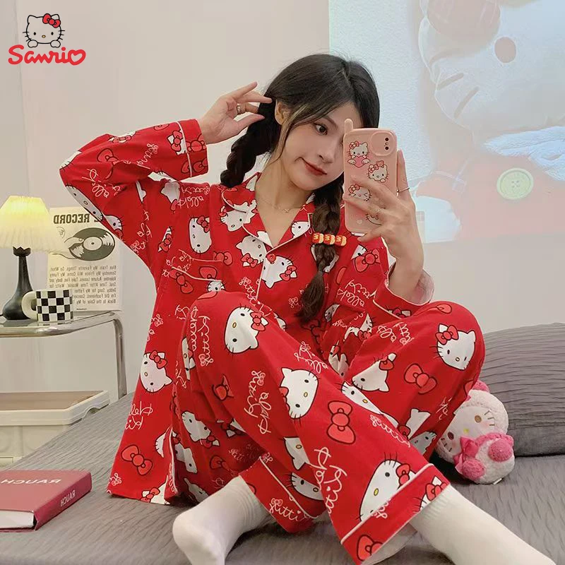 

Anime Sanrio Hello Kitty Cute Lapel Design Pajamas Red Sweet Home Clothes Wholesale Cartoon Character Kawaii Pajamas Girl Gifts