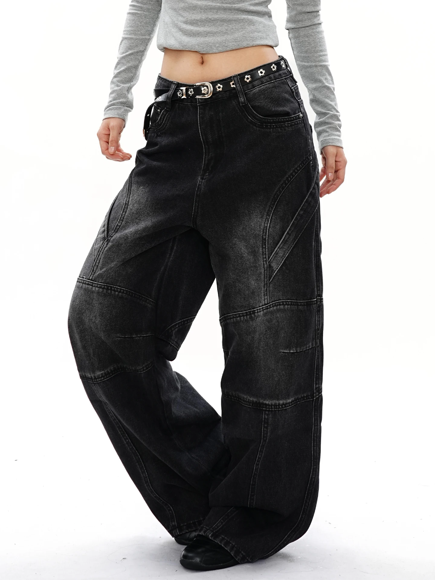 

Широкие повседневные джинсы унисекс в американском ретро-стиле, прямые брюки S3T5 с наколенниками, структурированный мотоциклетный деним