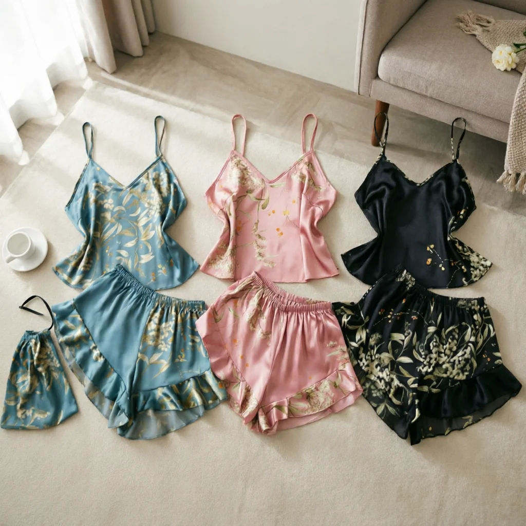 

Dress for women summer three-piece set dopamine-colored pajamas pajama pants set four-season loungewear thin outer camisoleshorts