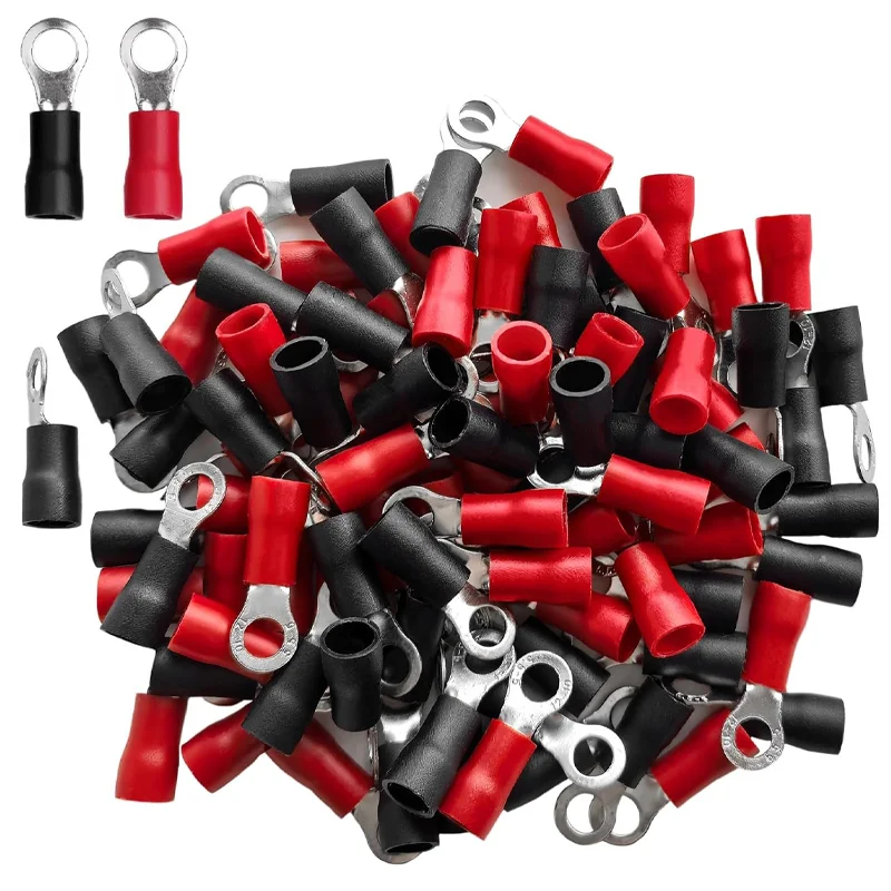 

200 Pcs AWG14-12 2.5-4MM²Insulated Ring Terminals，Ring Wire Connectors O-Type Electrical Crimp Terminals 100 Pcs Red +100 Pcs