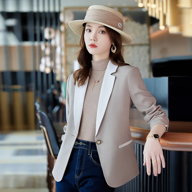 High quality blazer for women long sleeve jacket one button notched collar autumn 2025 elegant office clothes khaki white blue