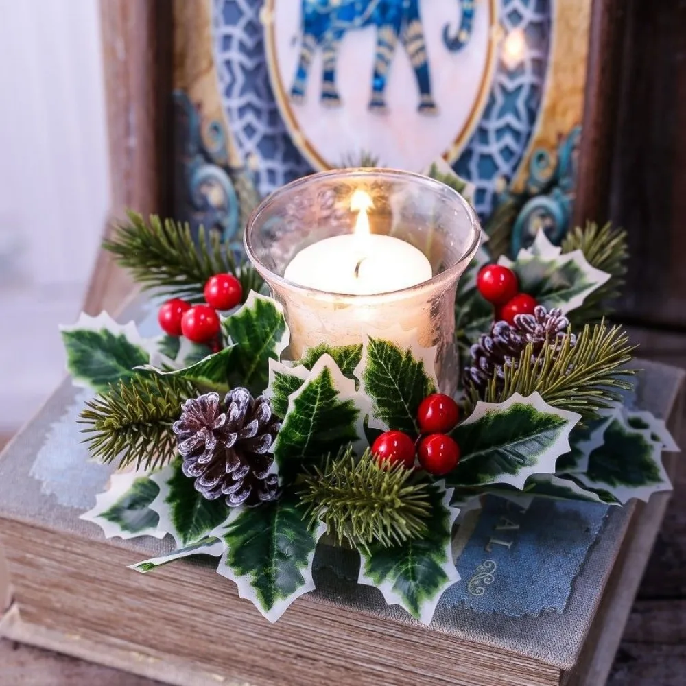 Artificial Pine Needle Christmas Candle Ring Plastic Durable Pillar Candle Garland Elegant Red Berry Table Centerpiece
