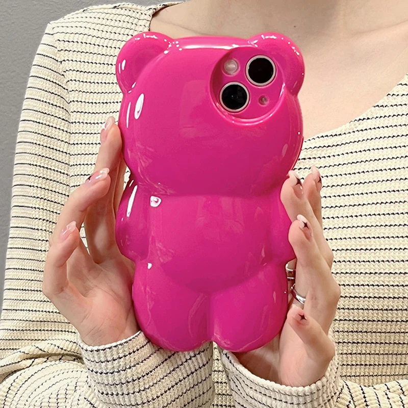 

Korean Cute 3D Cartoon Rose Bear Phone Case For iPhone 14 13 12 11 15 Pro Max Lovely Animal Shockproof Soft Back Cover