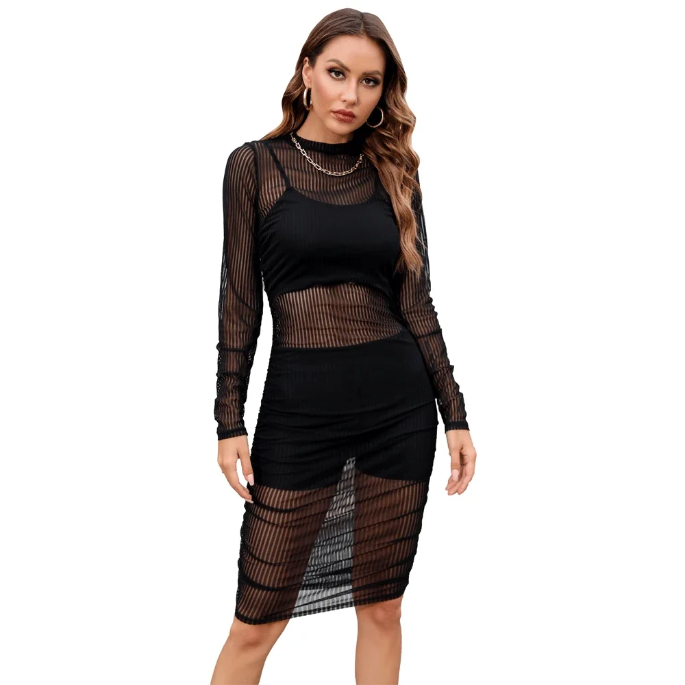 Conjuntos de vestido de malla negra de tres piezas para mujer, Vestidos sexis transparentes a prueba de sol, manga larga, fiesta de graduación, Verano