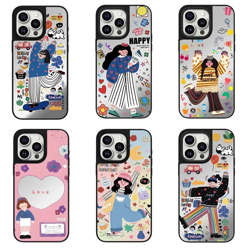 Cute Happy Girl Mirror Magnetic Phone Case Cover for IPhone 11 12 13 14 15 16 Pro Max Case for IPhone 16 Pro Max