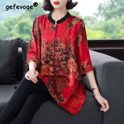 Chemise Vintage à manches mi-longues et col rond pour femme, vêtement imprimé Floral, élégant, assorti, à la mode, Style chinois, été