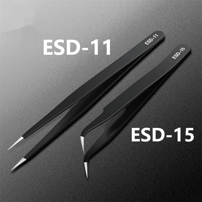 Round Edged Stainless Steel ESD Anti-static Black Tweezers Sharp Bent Tip for Disassembly Bird's Nest Cleaning Hair Extension