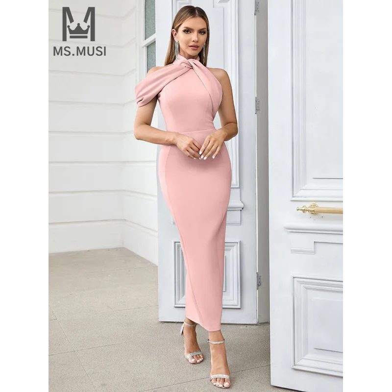 MSMUSI 2024 New Fashion Women Sexy Halter Off The Shoulder Draped Fold Sleeveless Bodycon Party Club Event Midi Dress Vestidos