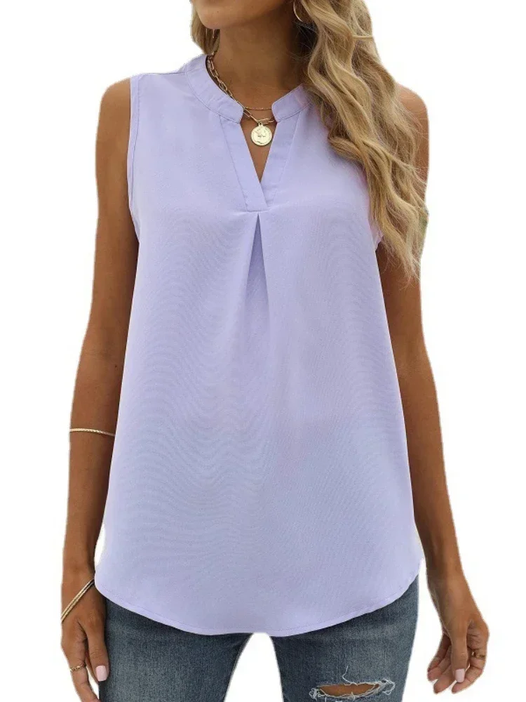 Effen chiffon T-shirt met V-hals voor dames, mouwloze tops, zomer