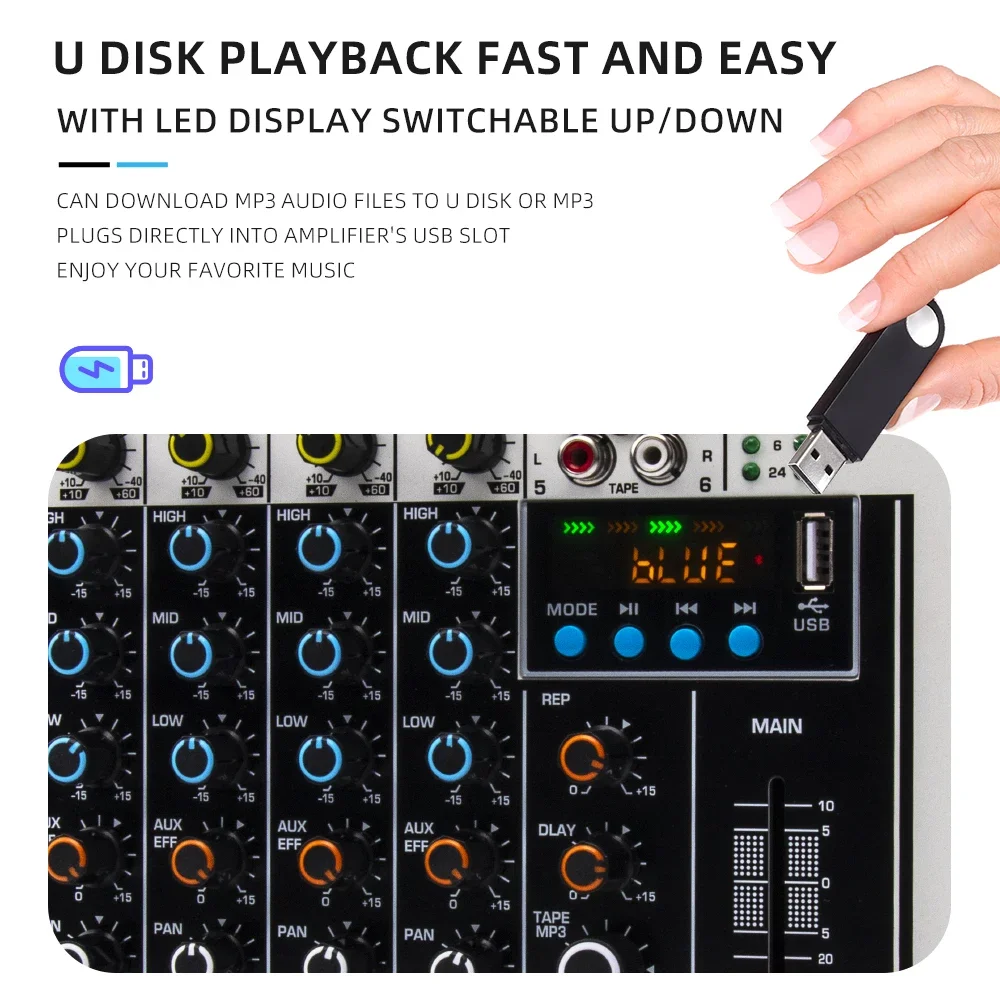 MIX400 consola de mezcla multifuncional de 6 vías, mezclador de DJ, consola de tarjeta de sonido con USB, MP3, Bluetooth, adecuado para karaoke en casa