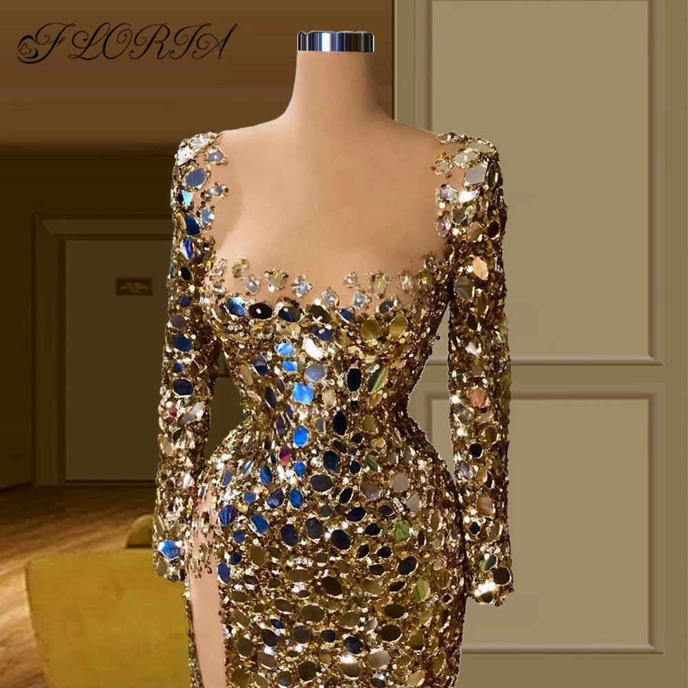 Dubai Women Full Crystal Sequin Evening Dresses 2024 Gold Stunning Celebrity Party Dress Prom Gown Formal Occasion Vestido Noite