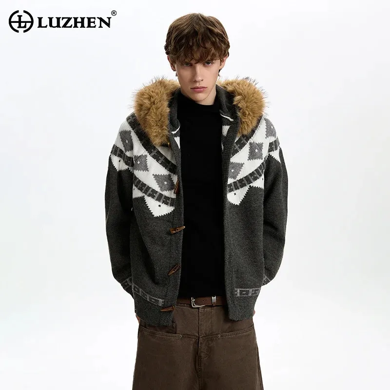 

LUZHEN 2025 Winter Handsome Elegant Faux Fur Hooded Knitted Cardigan Men's Geometric Pattern Cow Horn Button Warm Sweater JY5431