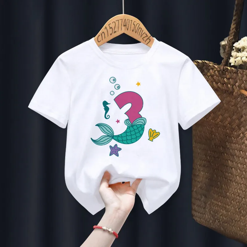 Mermaid Birthday number 1-6th Print Boys/Girls White T-shirt Kid Summer Harajuku Kawaii Funny Little Baby Y2K Clothes,Drop Ship