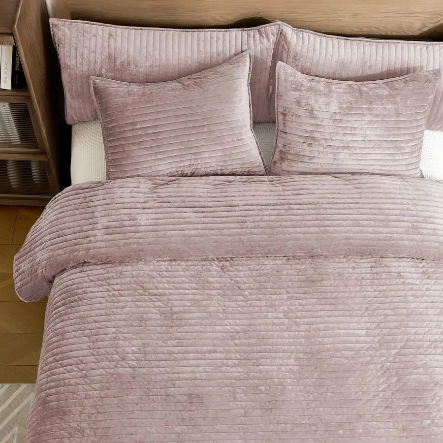 Juego de edredón de terciopelo de lujo tamaño Queen, 3 piezas, suave y acogedor juego de edredón de terciopelo a rayas de gran tamaño con 2 fundas de almohada, funda ligera