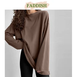 FADDISH 2024 Spring Autumn Women Fashion Round Neck Long Sleeve T-Shirts Ladies Solid Color Casual Loose Cotton Tees Tops Female