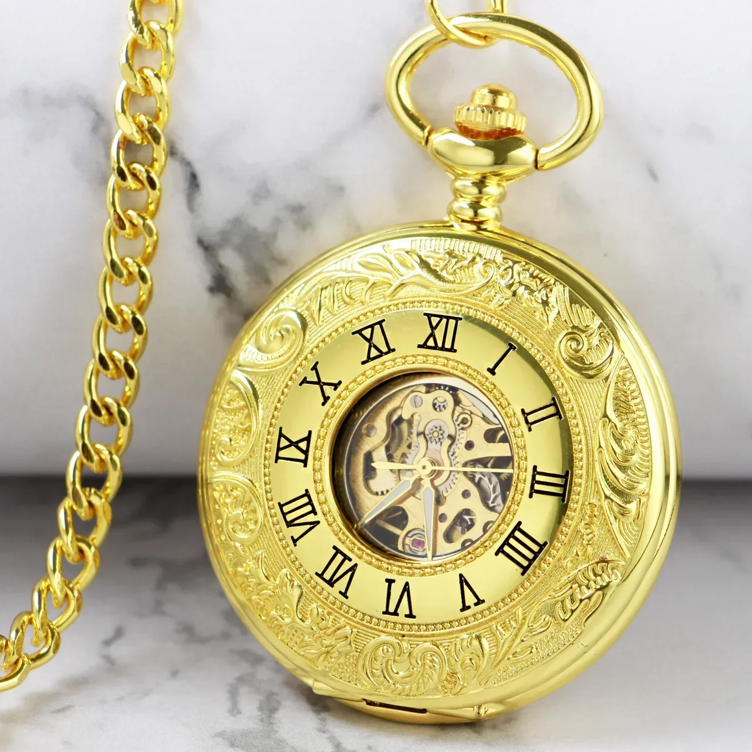 

Luxury Gold Mechanical Hand Wind Pocket Watches Vintage 2 Sides Open Case Men's Pendant Watch Gift