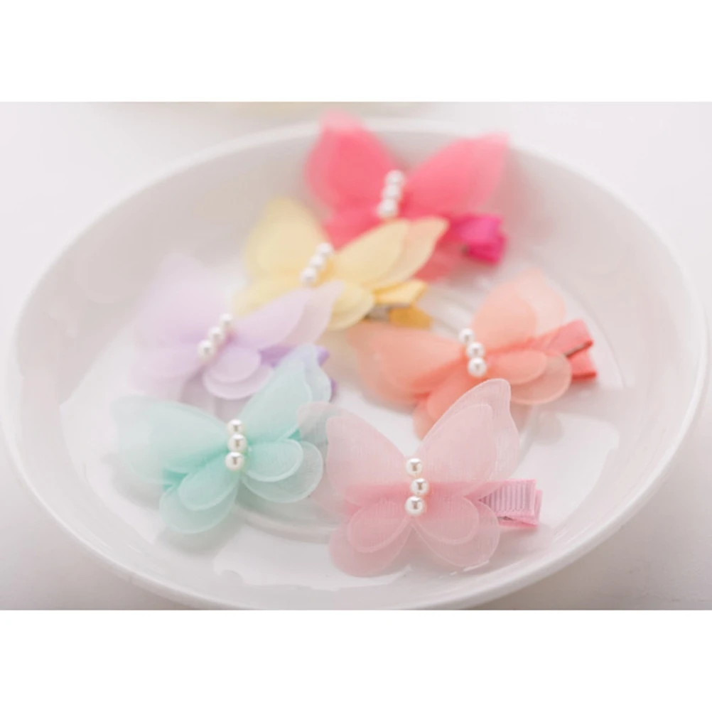 

8pcs Pearl Hair Clips Chiffon Bow Hairpin For Girls Kids Toddlers Lovely Decorative Accessories Daily Party Wear 8Colors Mesh