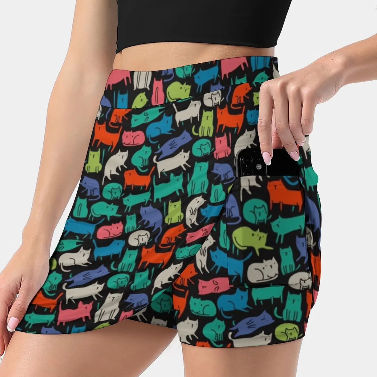 Cool Cats. Funny Cute Colorful Pet Design. New Women Skirts Double-Layer Printed Short Dress Mini Sport Skirt Abstract Adorable