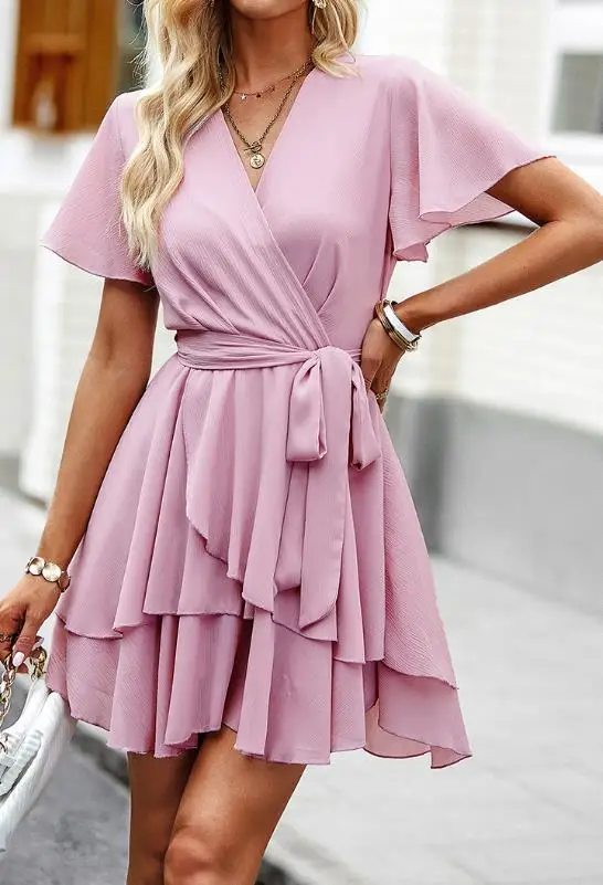 

Women Dresses 2026 Spring Summer Solid Color New Lace Up V-Neck Short Sleeve Casual Ruffles Hem A-Line Mini Dress