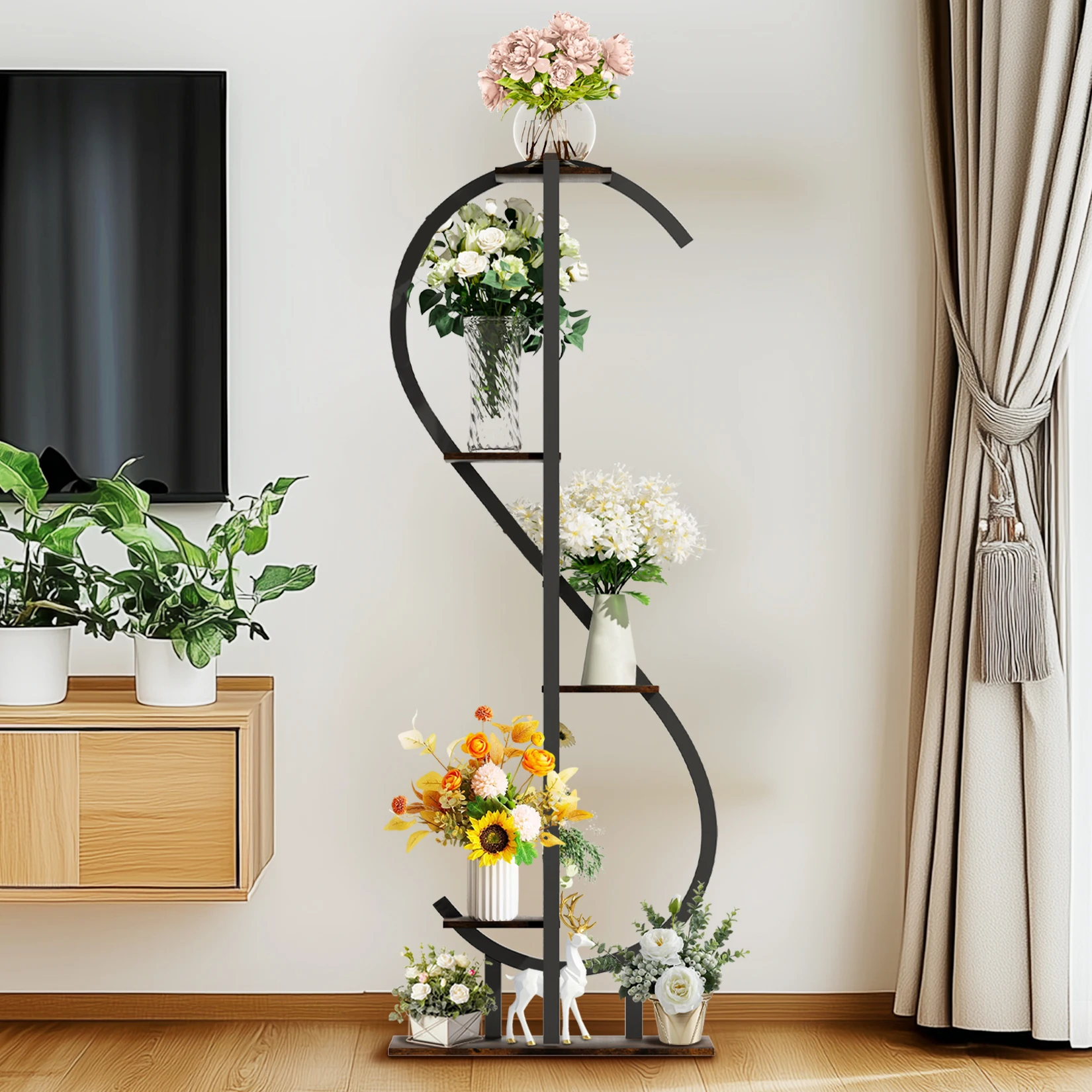 Suporte de planta interna em forma de s de 5 camadas com ganchos pendurados ferramentas de jardinagem prateleira de planta de canto estética para plantas altas multiuso