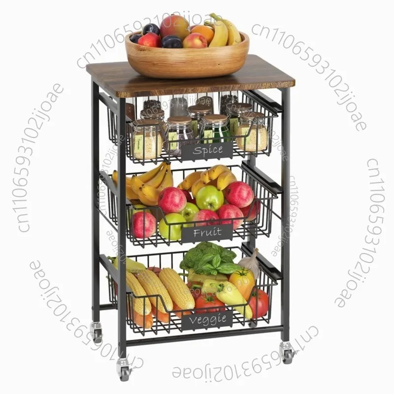 4-Layer fruit basket with heavy-duty wooden drawer basket, smart furniture storage cart with blackboard