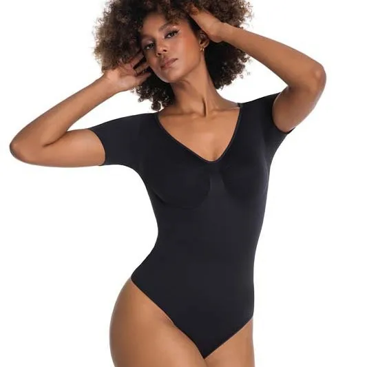 Naadloze korte mouw bodysuit, naadloze V-hals shapewear, hoge taille, knoop body shaper, onzichtbare, één geheel, buikcontrole