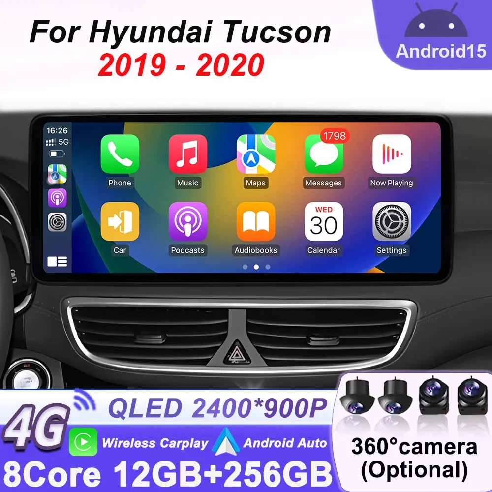QLED 2400*900P Video Play 12.3Inch Android 15 for Hyundai Tucson 2019-2020 Multimedia Car Radio GPS Navi 8-core 8+256G Stereo BT