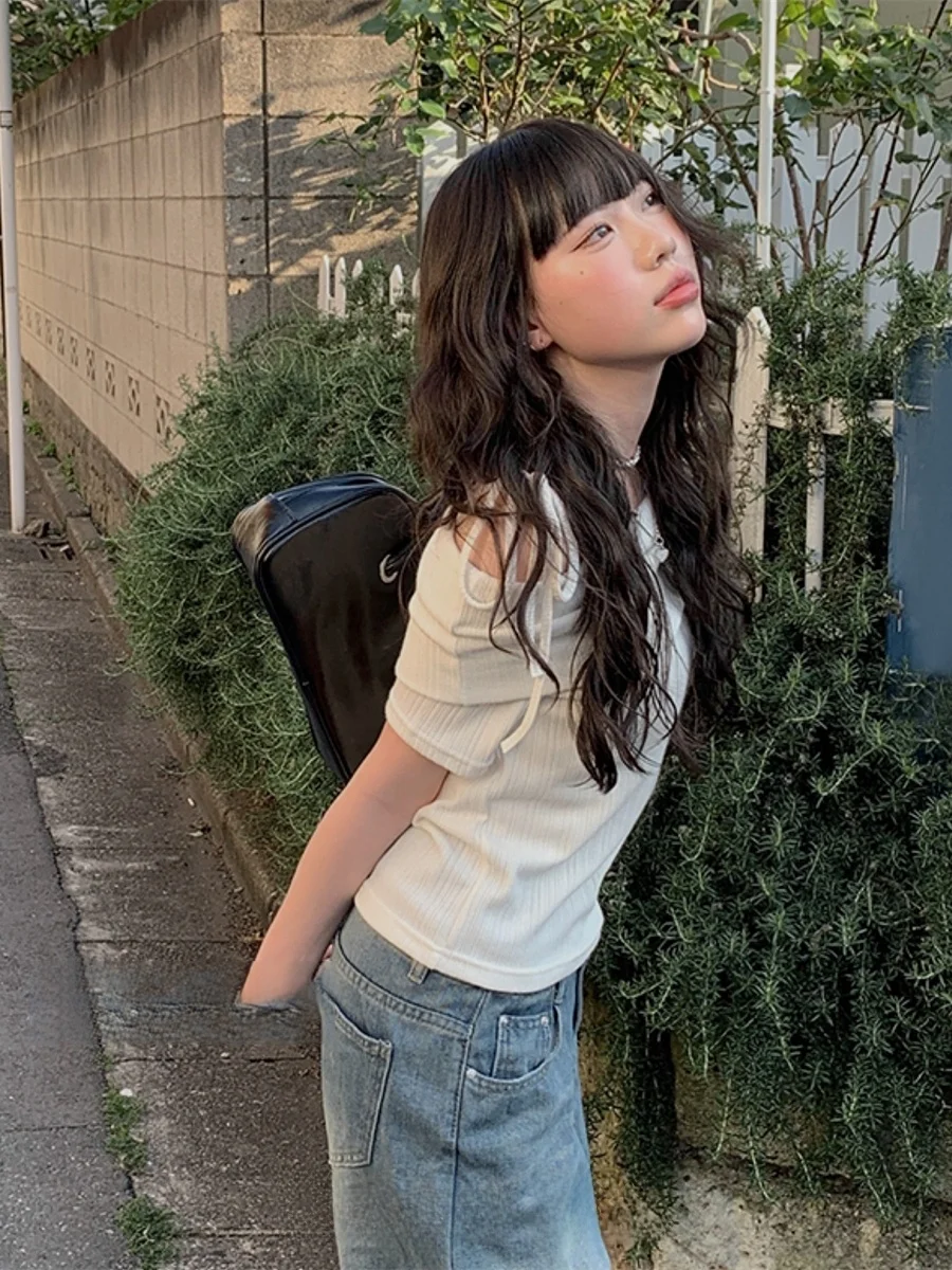 تي شيرت كوري Sle Sweet Girl ort Sve تي شيرت على الكتف وربطة عنق نسائية صيفية فضفاضة تناسب الطول العادي irt