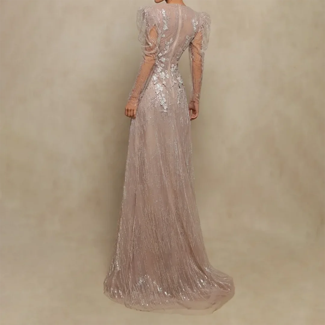 Abito da ballo con scollo a V profondo illusione Abito da sera lungo a trapezio Abito di piume di lusso Abiti da cocktail con perline di paillettes cucite a mano