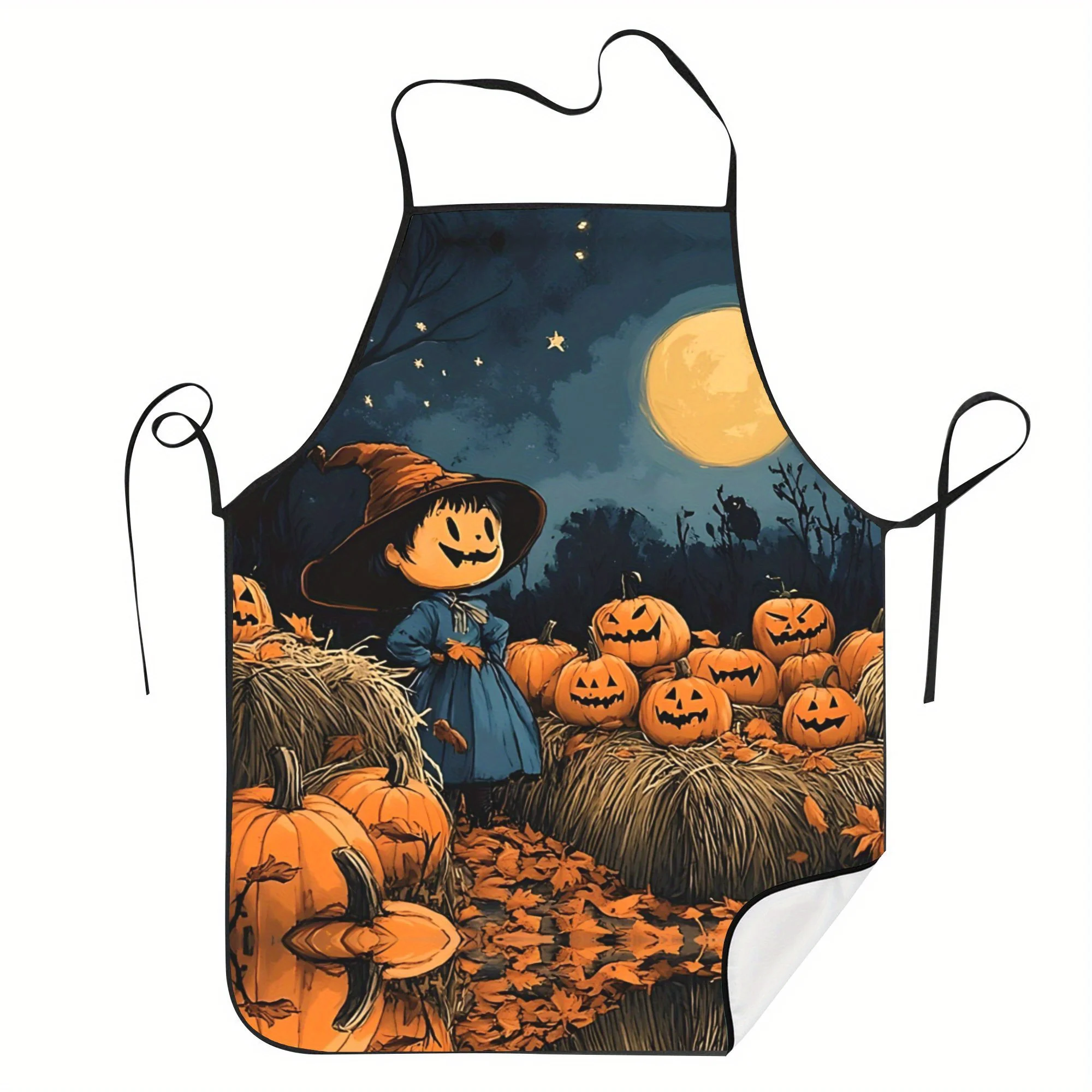 

Винтажный фартук унисекс с нашивкой ведьмы и тыквы на Хэллоуин, черный с красочным принтом, идеально подходит для выпечки и украшения