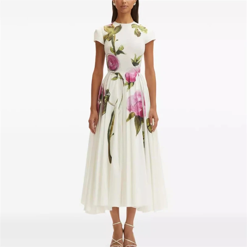 

Spring/Summer New Women's round Neck Pure Cotton Print Short Sleeve Dress Y2K High Quality Fashion High Street Long Dress