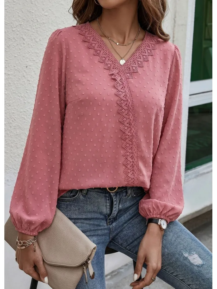 Рубашка-блузка больших размеров 1XL-4XL, модная, элегантная, однотонная, с V-образным вырезом, 3XL 4XL, женская футболка с длинным рукавом, топы.