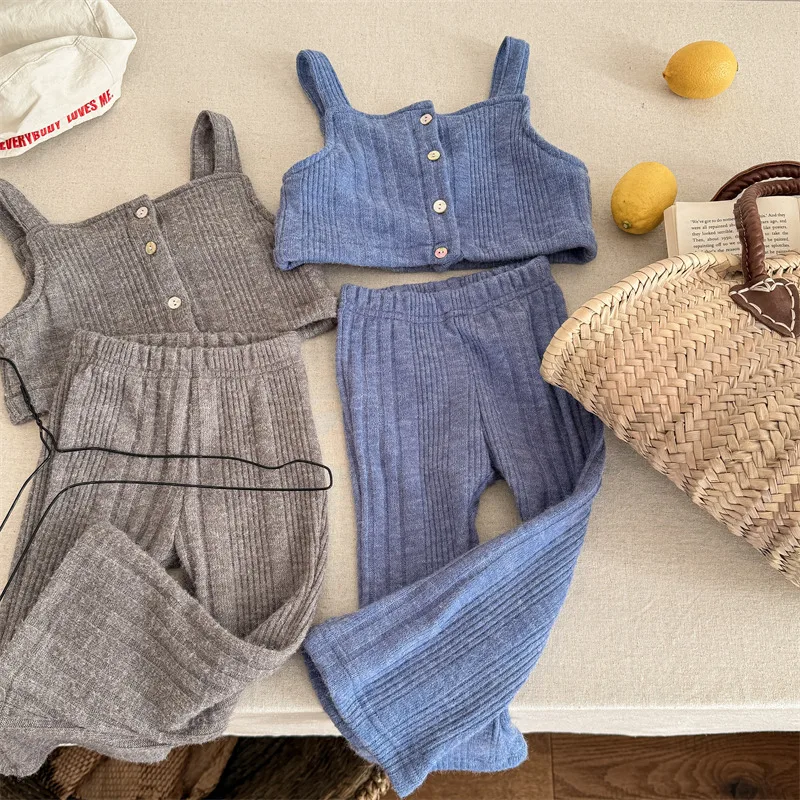 

2025 Spring New Children Sleeveless Clothes Set Baby Girls Solid Knitted Vest Cardigan + Flared Pants 2pcs Suit Kids Outfits