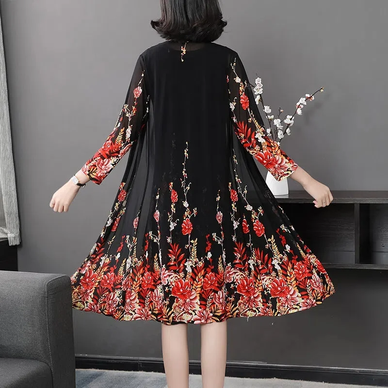 Single/Sets Print Dress Two-Piece Sets Dress Summer Fashion Middle-Aged And Elderly Mother's Dress Suits Cardigan Jacket Female