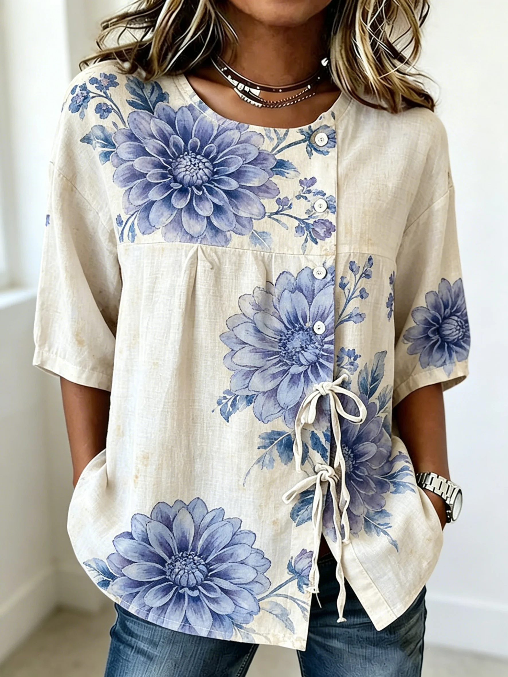 Damen-Bluse mit Aquarell-Sonne – Tie Front Shirt Bewertung und Preis