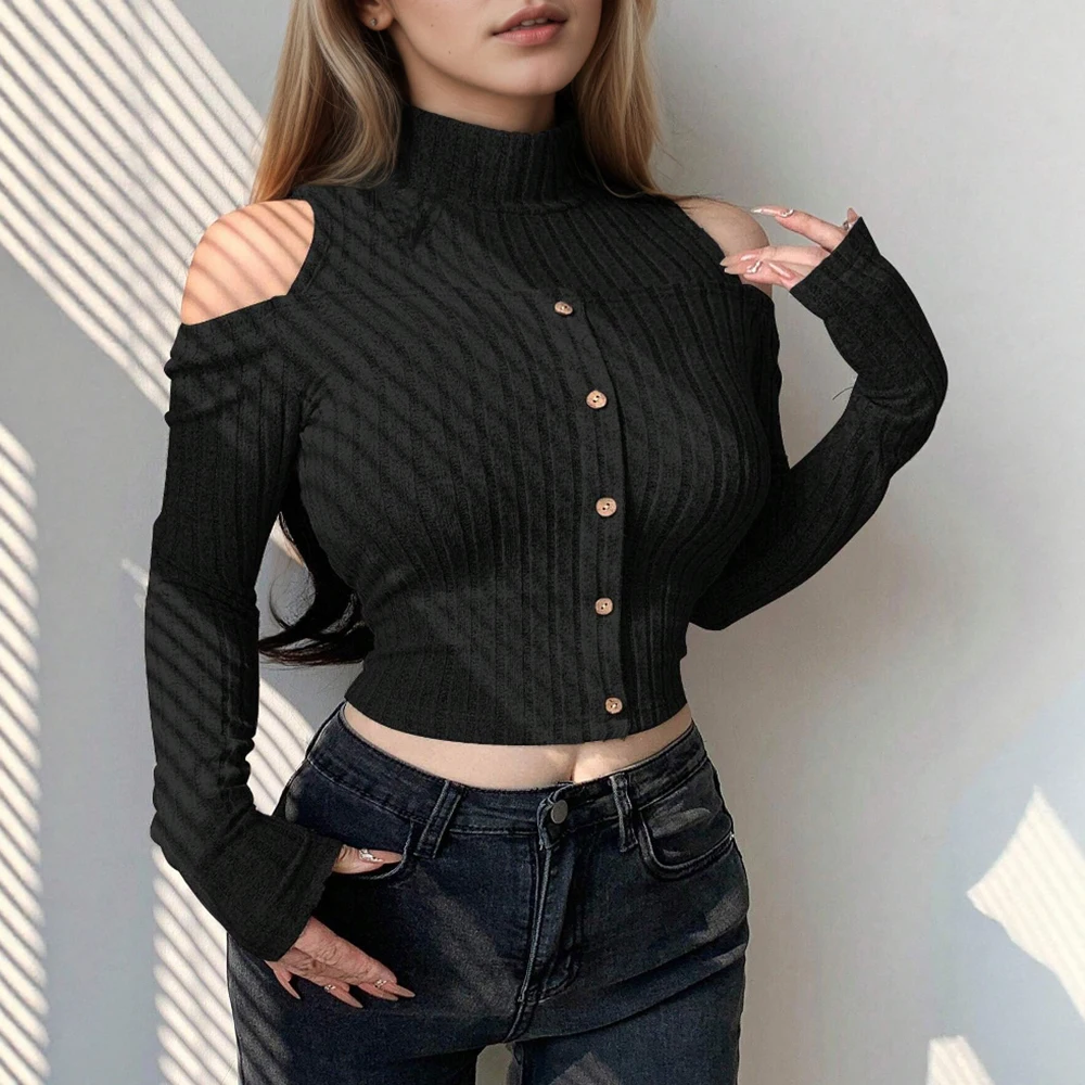 

Женская модная футболка с открытыми плечами в корейском стиле, осенне-зимний короткий базовый топ с длинными рукавами на независимом месте