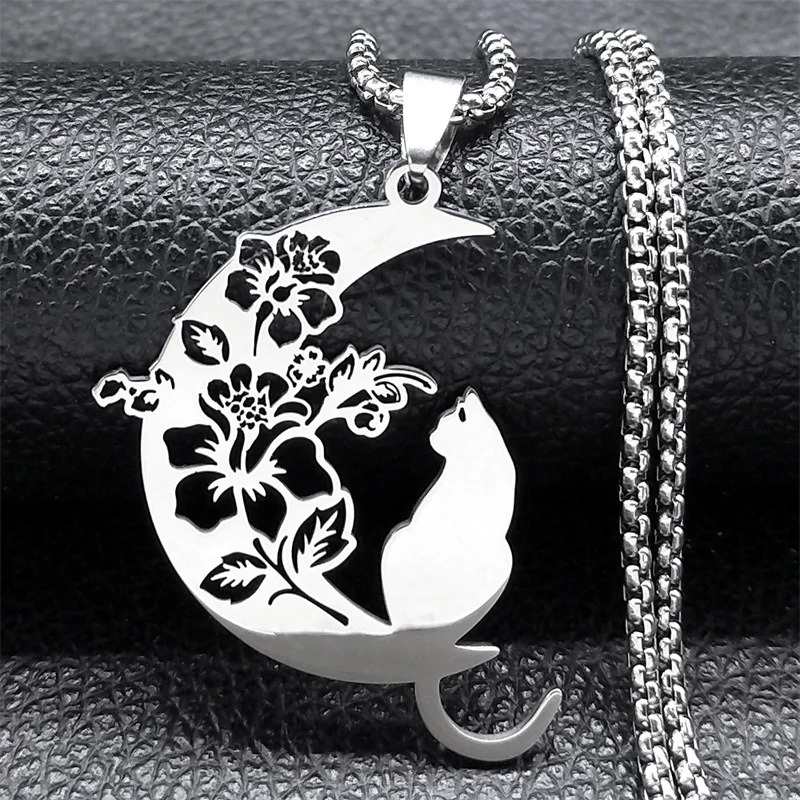 Colar de Aço Inoxidável para Homens e Mulheres, Colar Estético Gato, Flor, Lua, Crescente, Cor Prata, Bohemia Chain Presente, Jóias, 3220