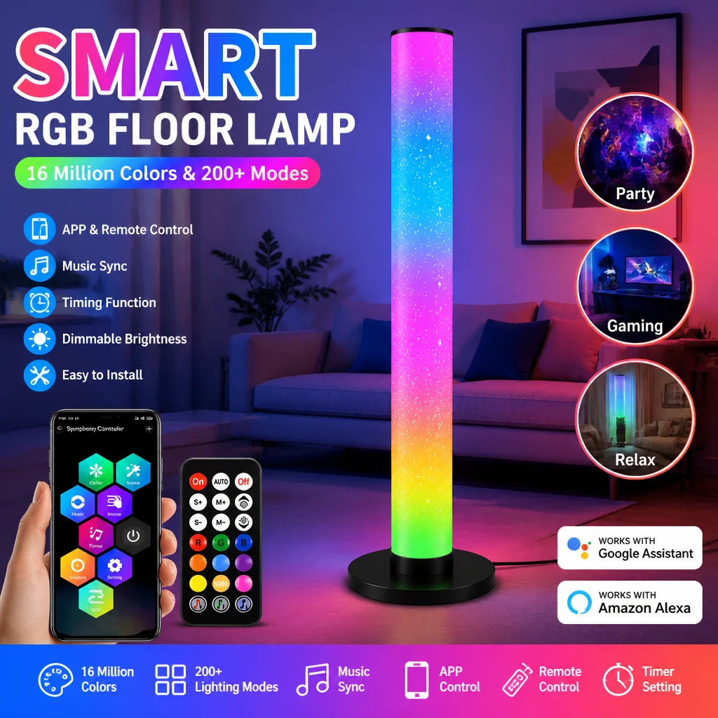 Smart RGB Floor Lamp Music Sync Ambient Light APP Remote Control Works with Alexa Google Home for Bedroom Gaming Room