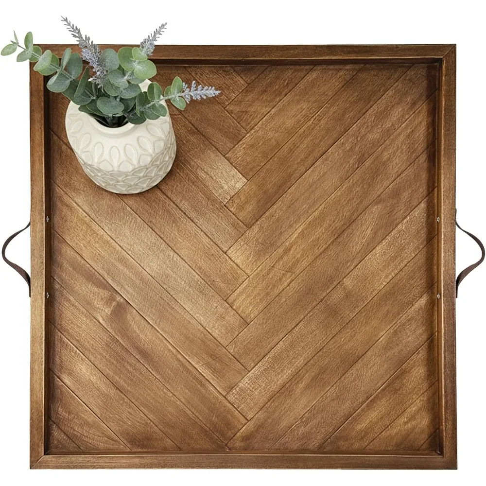 

Большой квадратный деревянный поднос-оттоманка 24x24 дюйма с кожаными ручками, деревенский декоративный поднос для хранения, доставка по США