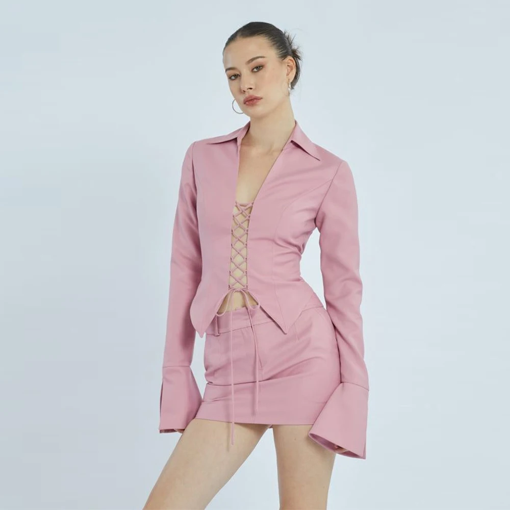 

Tesco Chic Женский костюм из двух предметов с воротником-рубашкой на шнуровке спереди, пиджак с юбкой, женский праздничный костюм, комплект с расклешенными рукавами, куртки