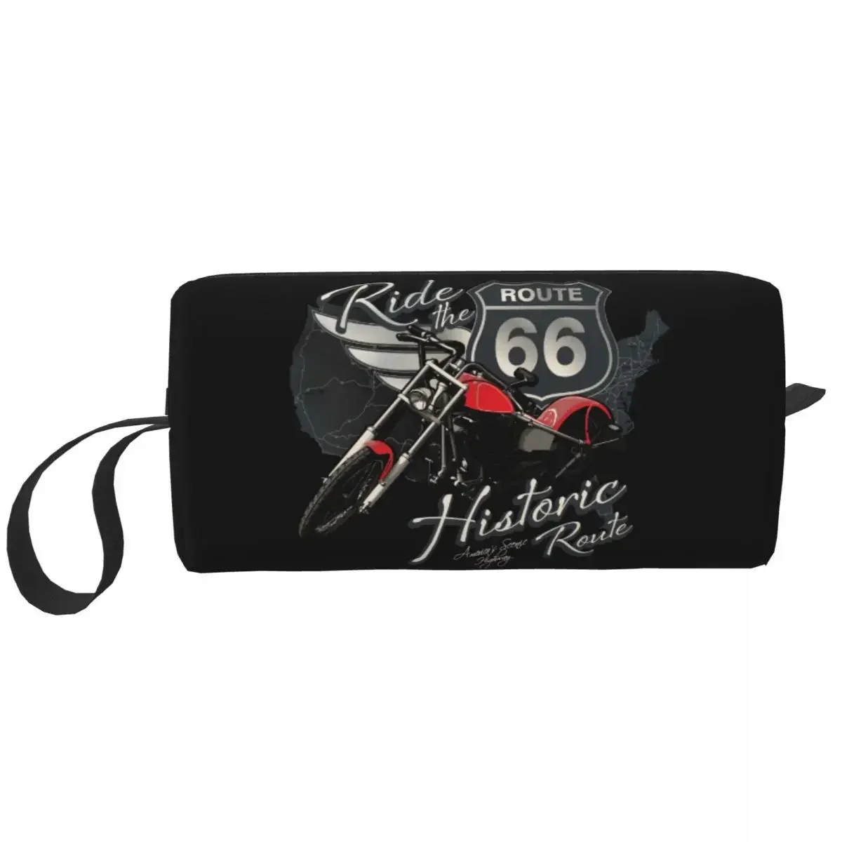 Travel Motorcycle Ride Route 66 Cosmetic Bag Cute Large Capacity US Numbered Highways Makeup Case Beauty Storage Toiletry Bags